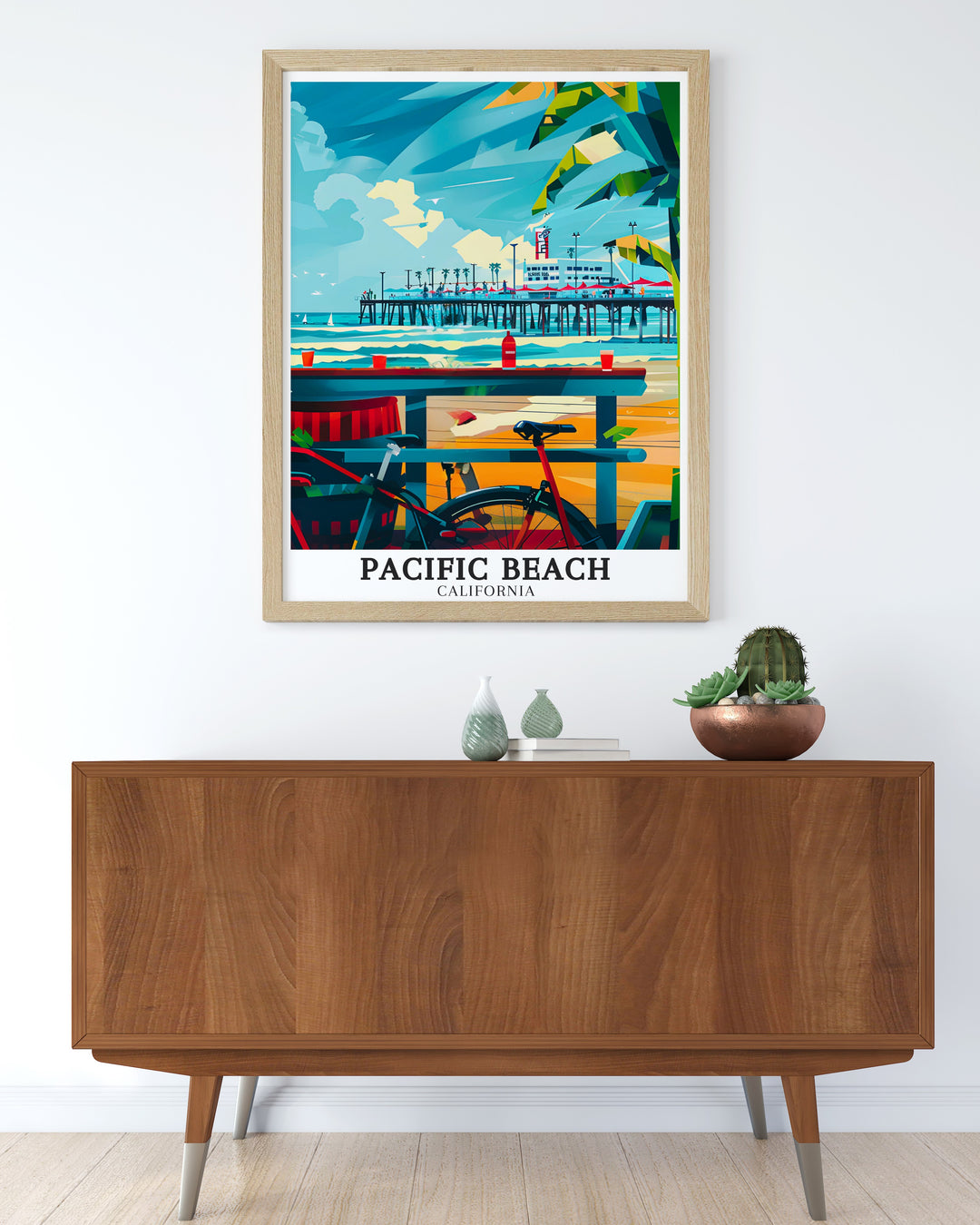 Featuring the iconic Crystal Pier and lively Boardwalk, this Pacific Beach poster is a beautiful representation of Californias beach culture. Ideal for home decor or as a gift, it celebrates the beauty of the Pacific coast.