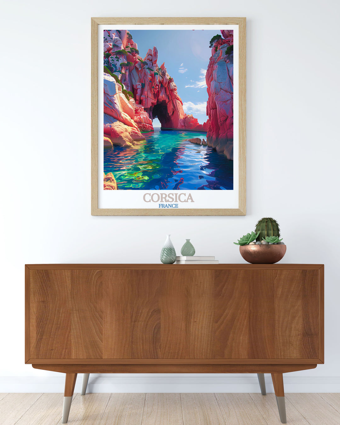 Beautiful Calanques de Piana travel poster showcasing the dramatic cliffs and turquoise waters of Corsica France ideal for art collectors and those who appreciate fine art prints perfect for enhancing your living room decor