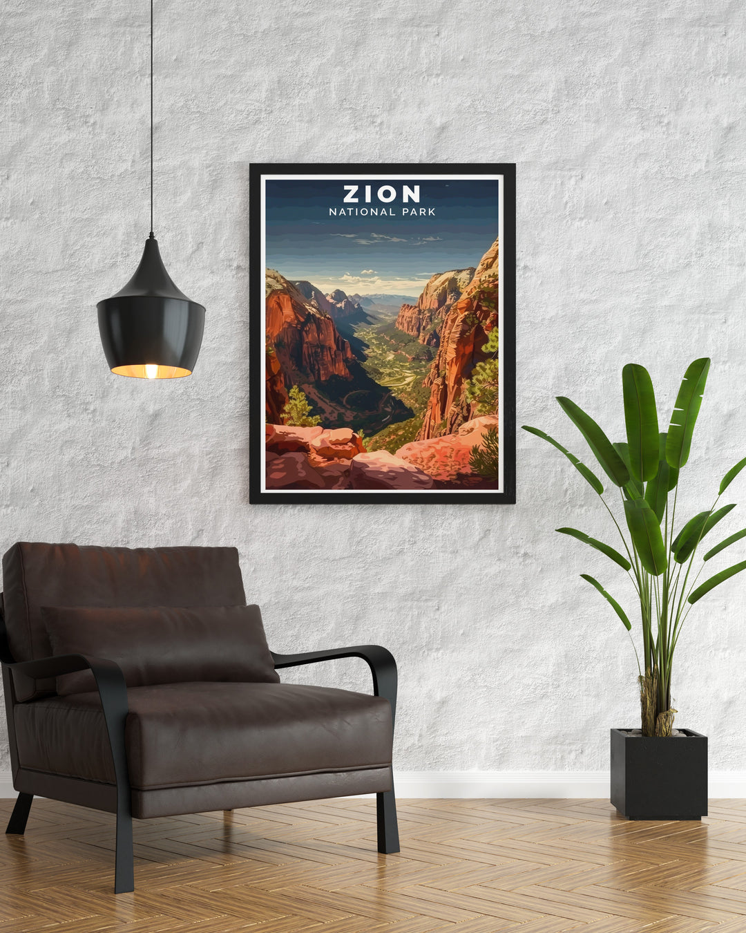 This travel poster artfully combines the dramatic scenery of Angels Landing with the rich landscapes of Zion National Park, making it a stunning addition to any art collection or home decor.