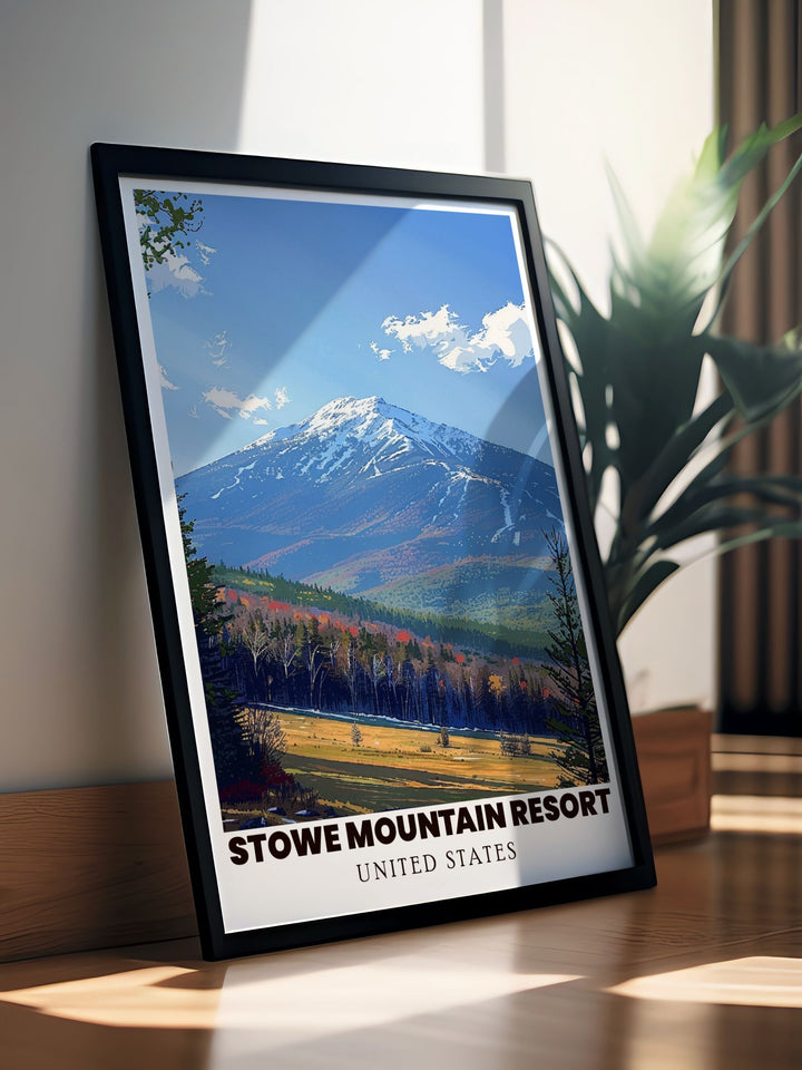 Stunning depiction of Mount Mansfield and Stowe Ski Resort ideal for ski enthusiasts and art lovers bringing the beauty of New England skiing into your living space with elegance and sophistication