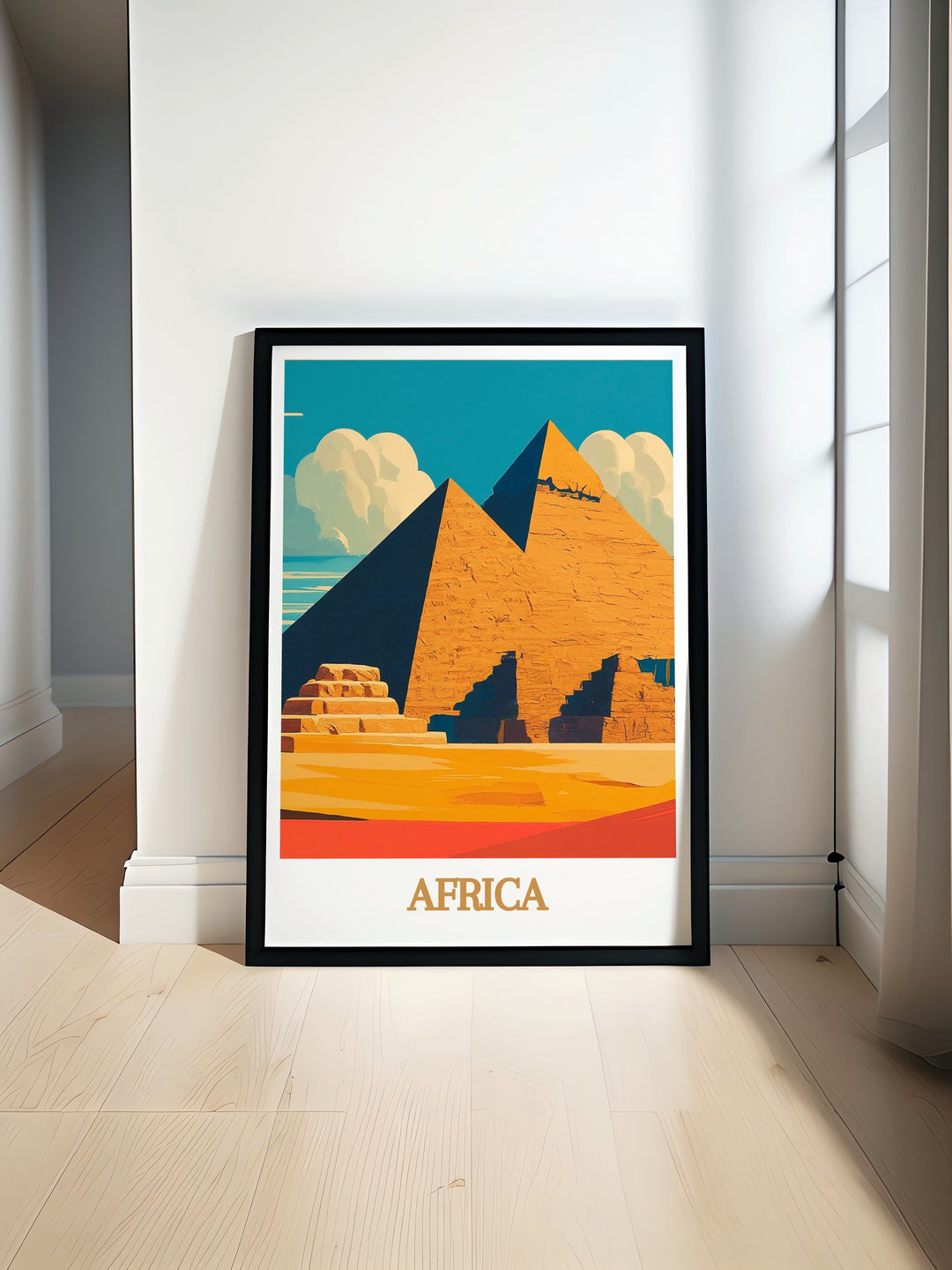 Uganda Travel Poster showcasing the lush landscapes of Bwindi Impenetrable Forest and the majestic Mountain Gorilla complemented by the timeless beauty of the Pyramids of Giza perfect for adding a touch of adventure to your home