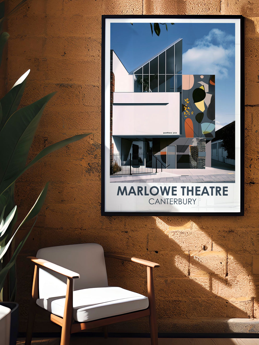 This poster showcases the Marlowe Theatre in Canterbury, with its dynamic glass facade and modern design, set against the historical backdrop of the city, ideal for those who appreciate the blend of contemporary and historic elements in art.