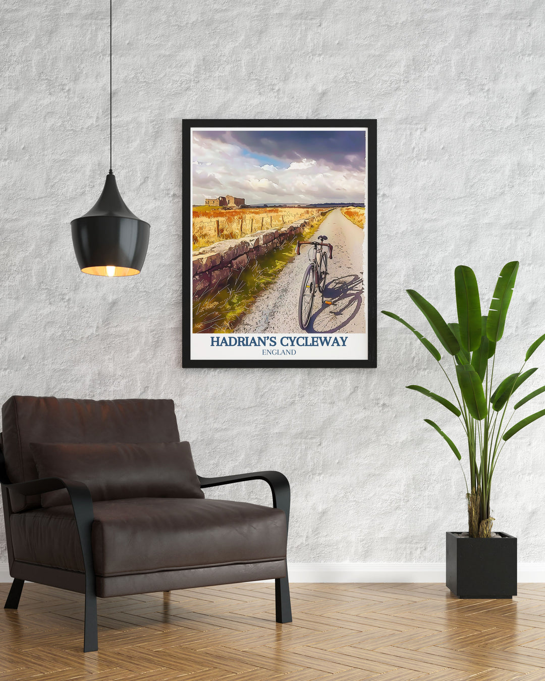 The travel poster of Hadrians Cycleway features the scenic route along Hadrians Wall, highlighting the historical and natural beauty of Northern England, perfect for adventure lovers.