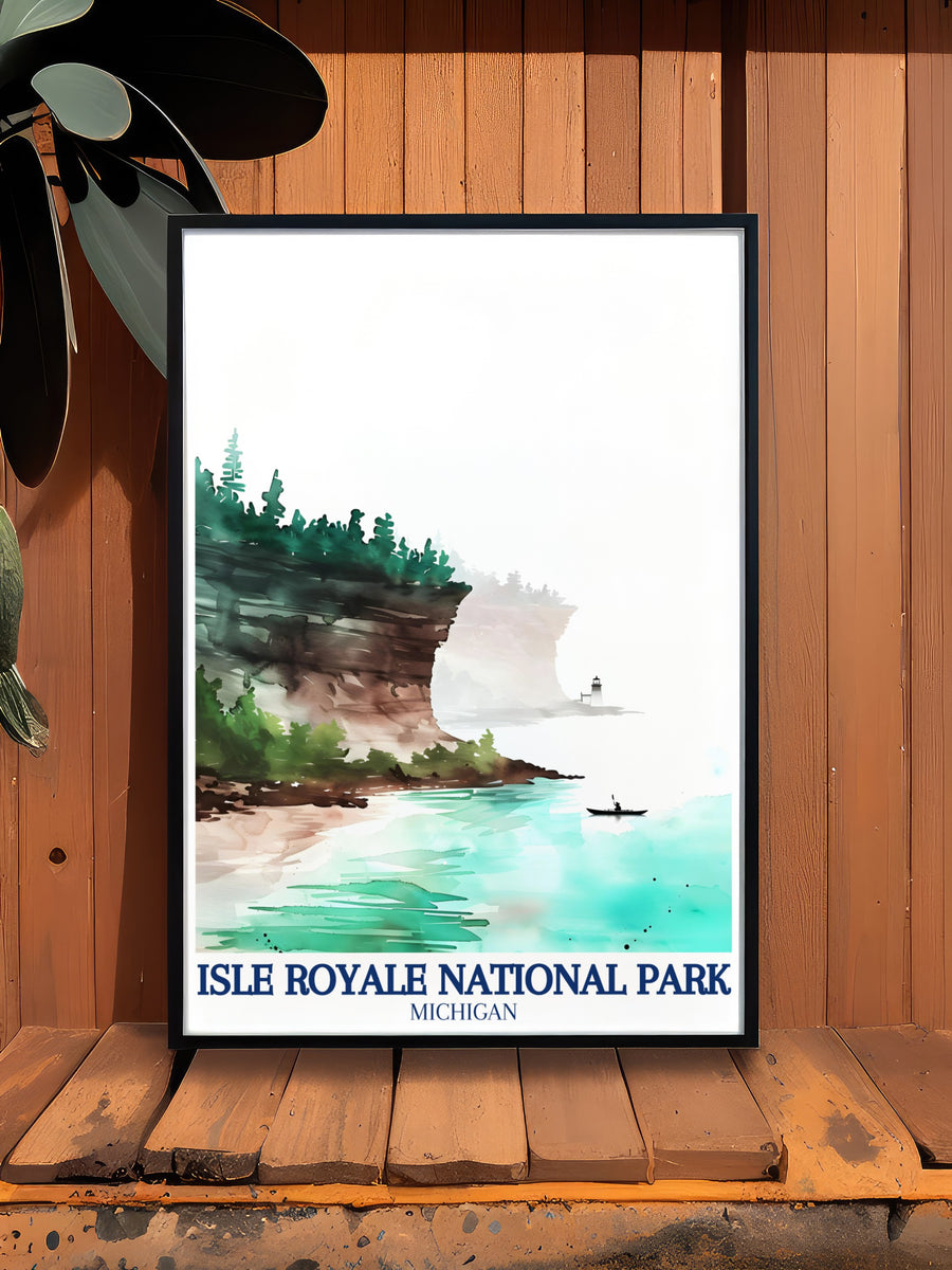 This vibrant travel print captures the charm of Windigo Lighthouse, where the serene waters of Lake Superior meet lush green landscapes. The artwork beautifully illustrates the tranquility of Isle Royale, making it a perfect addition to any nature lovers collection.