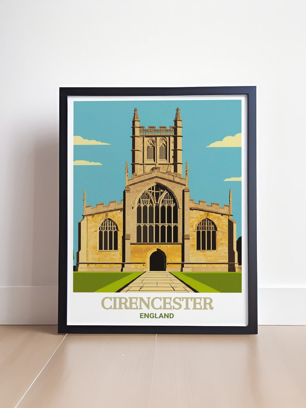 A stunning art print of Cirencesters Parish Church of St. John Baptist, showcasing its Gothic spire and historical significance. This piece is perfect for anyone who loves the architectural beauty of Englands historic towns.