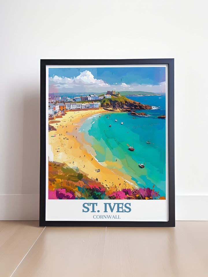 Discover the serene beauty of Porthmeor Beach with this vibrant poster, showcasing the golden sands and clear waters that make it a beloved spot in Cornwall.