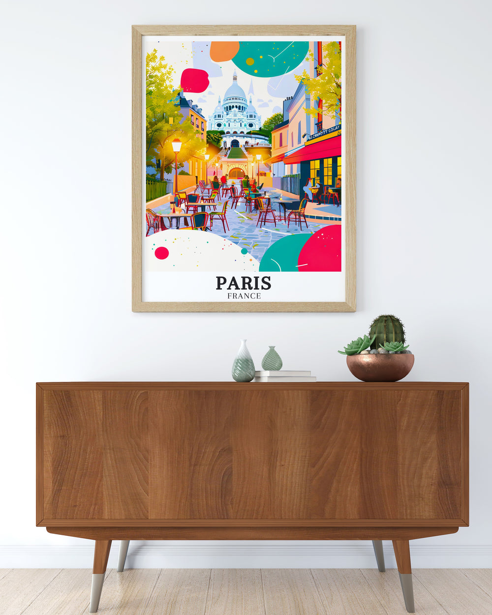 Elegant Paris Poster showcasing Sacre Coeur Basilica and Montmartre ideal for adding a touch of Parisian charm to your home. This colorful art print is a must have for any Paris lover.