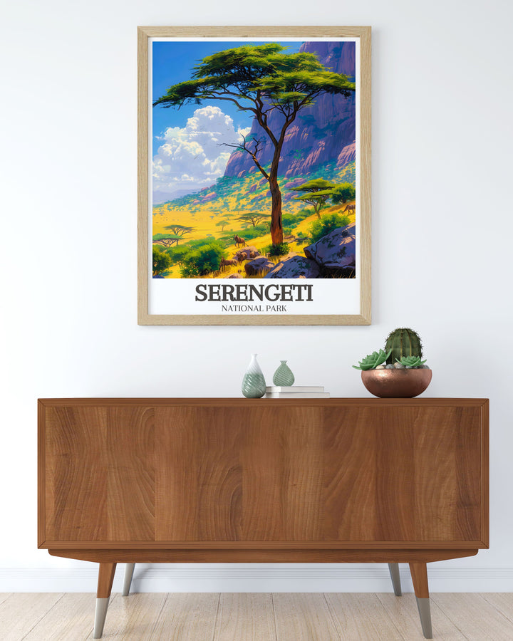 Vintage travel print of Acacia tree Wildlife savanna capturing the essence of Serengeti Africa a beautiful addition to your national park poster collection