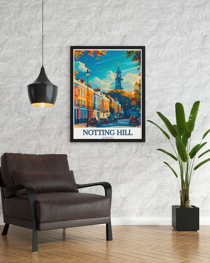 Framed Notting Hill print capturing the energy of Portobello Road with its colorful market and the elegance of Notting Hill Gate Village and St. Peters Church perfect for adding British charm to your living space or as a unique gift