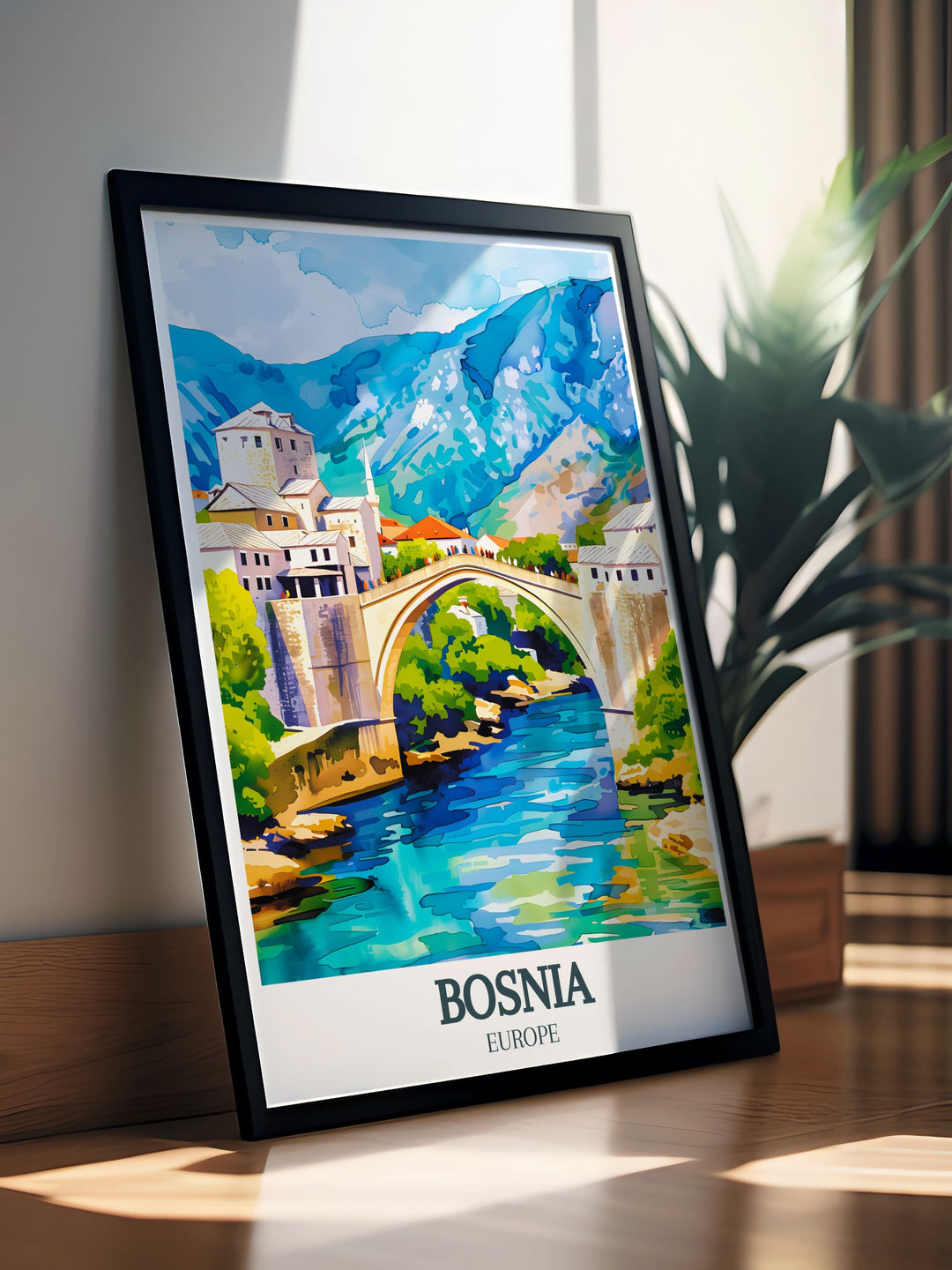 Mostar, Stari Most bridge in a captivating Bosnia Painting. This Travel Poster Print captures the essence of Bosnia Travel with intricate details of the historic bridge and cityscape. Perfect for adding a touch of history to your decor.
