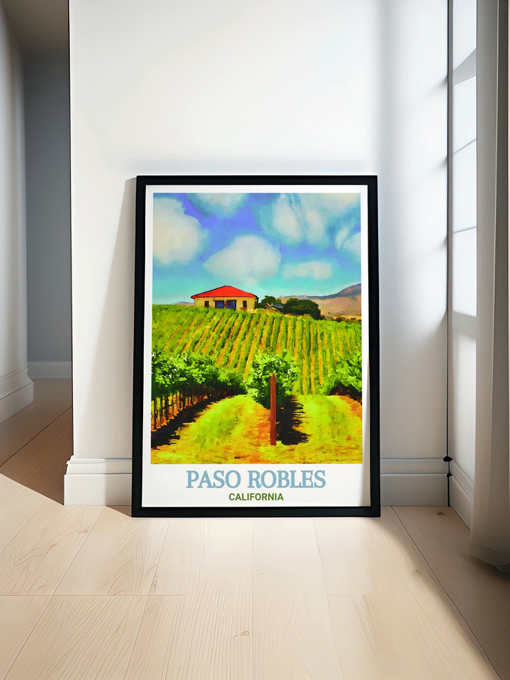 This travel print captures the essence of Paso Robles renowned vineyards. The beautiful California Wine Country is displayed in vibrant detail, making this artwork a stunning addition to any home or office.