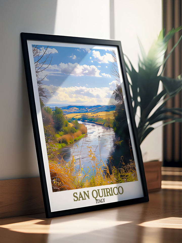 San Quirico Archway Colorful Wall Art offers bold colors and timeless appeal. It complements Orcia River framed prints creating an elegant decor ensemble perfect for living rooms and home offices. A beautiful travel print and a thoughtful gift for friends or family.