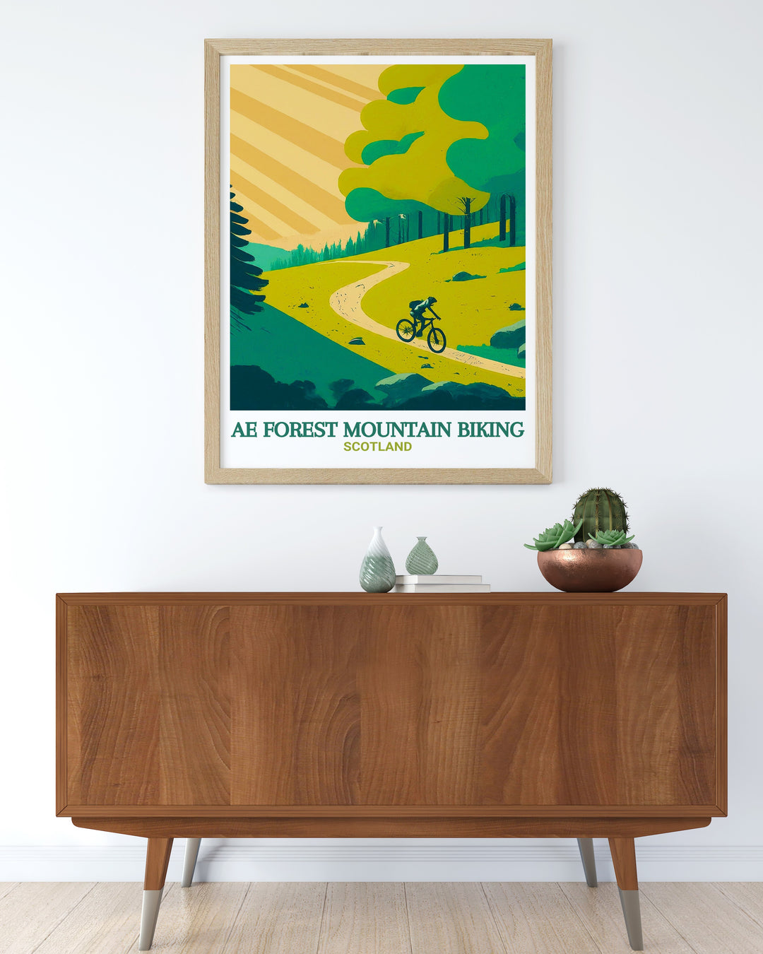 Ae Forest wall print featuring the rich landscapes and bike trails of the famous Forest of Ae in Scotland. The stunning natural setting is ideal for adventure lovers, making this print a standout piece for your wall.