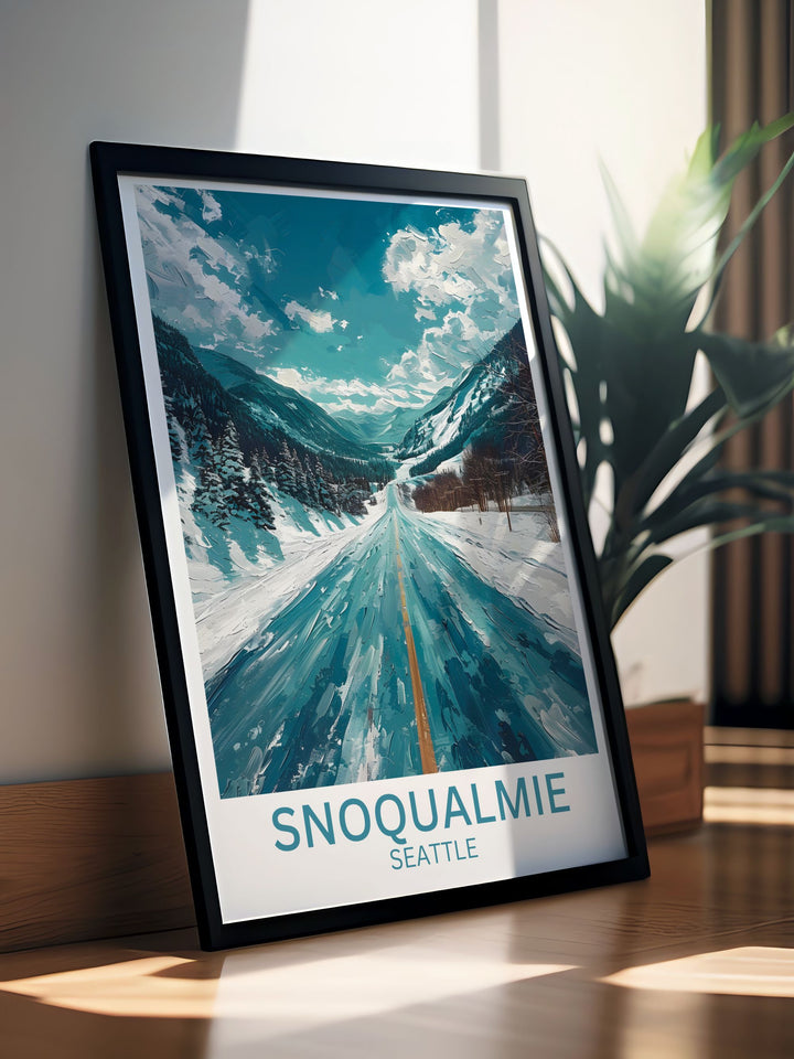 Capture the essence of The Summit at Snoqualmies alpine charm with this art print, featuring the cozy lodge and its stunning surroundings.