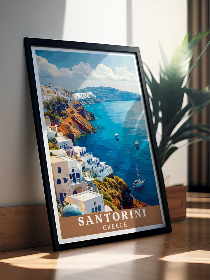Celebrate the charm of Santorini with this poster of Fira, showcasing its unique landscape and vibrant atmosphere. Ideal for any travel enthusiasts decor.
