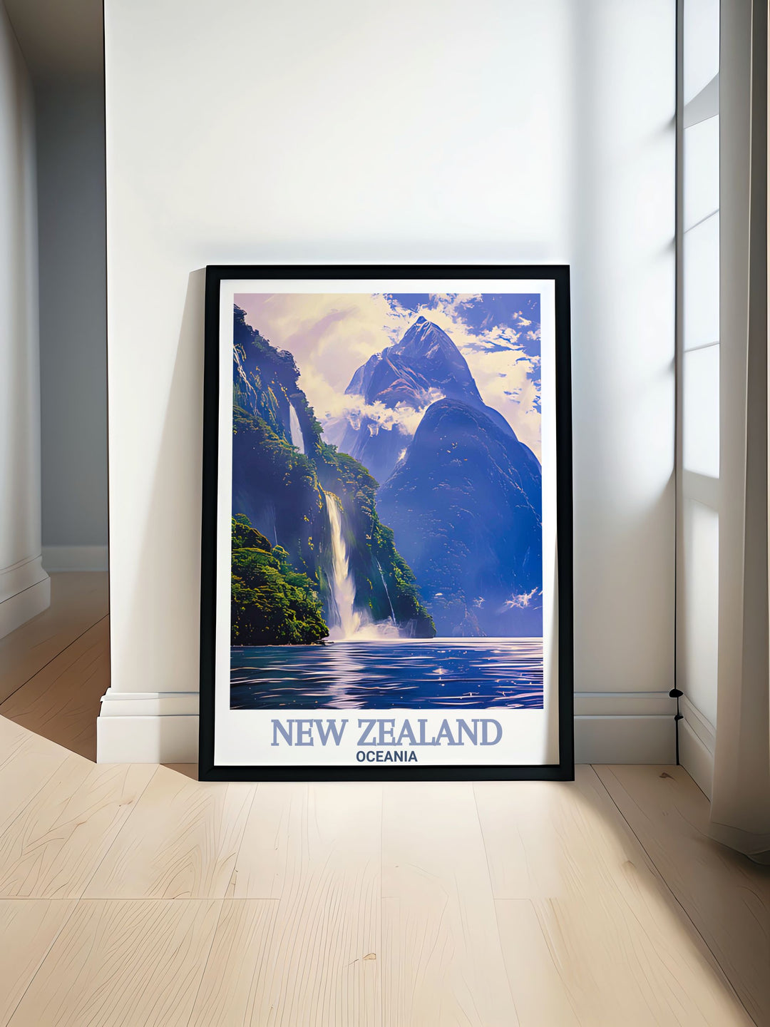 Beautiful New Zealand poster print showcasing the iconic Milford Sound and Akaroa Lighthouse perfect for bringing a touch of New Zealand travel into your home or office ideal for fans of national park scenery and retro travel art.