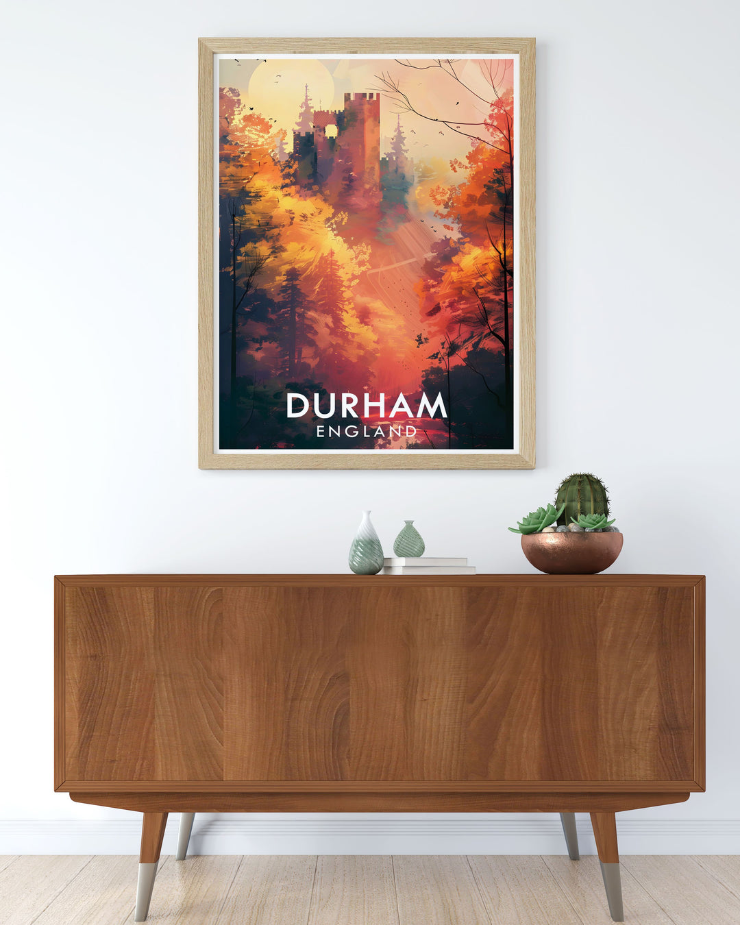 This travel poster of Durham Castle captures the dramatic beauty and historical significance of one of Englands most treasured landmarks, offering a glimpse into the citys past.