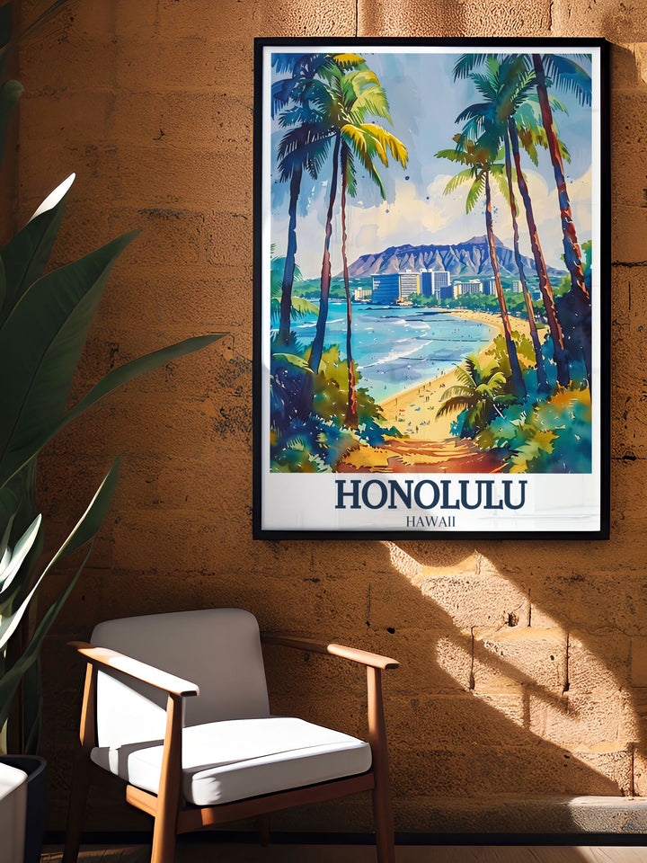 Modern wall decor featuring the Aloha Tower in Honolulu, Hawaii, highlighting its detailed architecture and historical importance. This print brings the beauty and charm of Honolulus maritime heritage into your home.