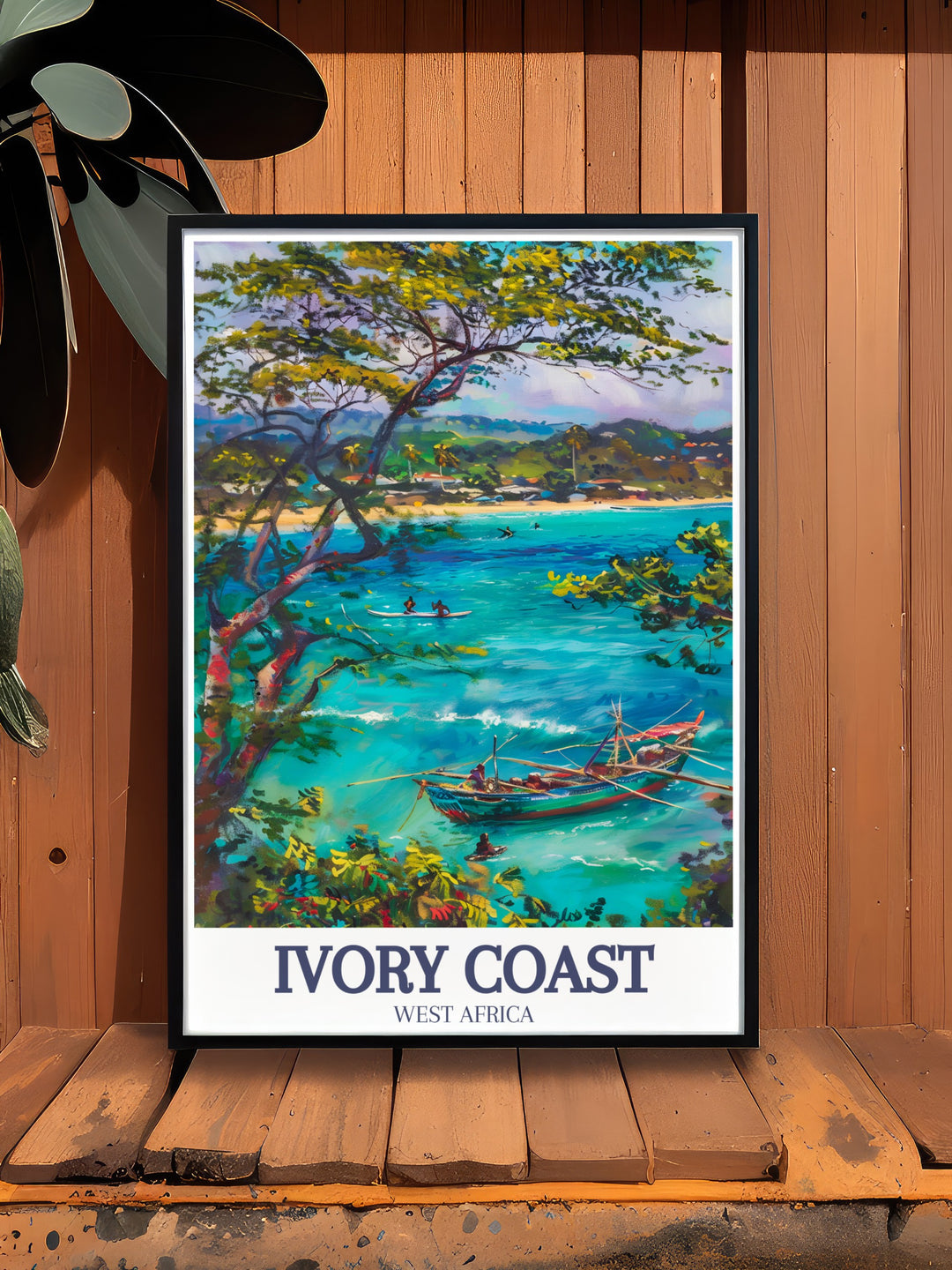 Ivory Coasts coastal wonders, Assinie Mafia Lagoon and Grand Bassam Beach, are beautifully depicted in this vintage travel poster. With stunning detail and vibrant colors, this artwork is perfect for anyone who loves the charm of African beaches and coastal scenery.