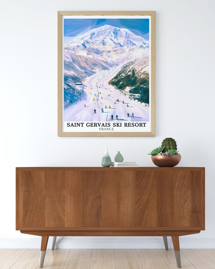 The serene beauty of the Evasion Mont Blanc ski area, depicted in a wall poster that captures the peaceful yet exhilarating atmosphere of the French Alps. Perfect for adding a touch of alpine charm to any room in your home.