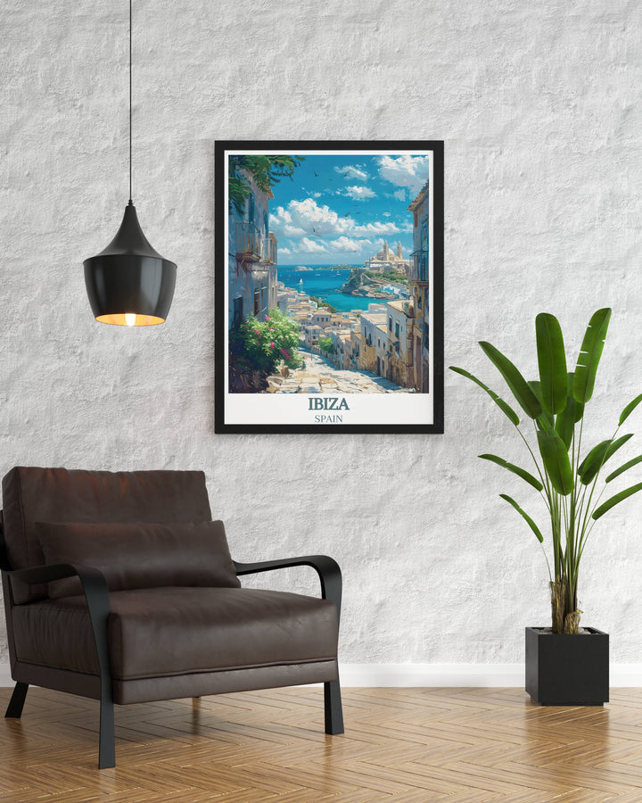 O Beach Poster highlighting the lively atmosphere of San Antonio Ibiza and the historical charm of Dalt Vila Ibiza Old Town an ideal addition to your home decor for a blend of vibrant nightlife and elegant historical scenes