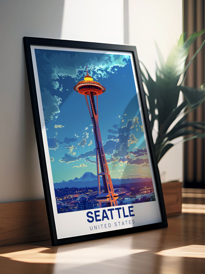 Space Needle Framed Prints offering a stunning view of Seattles skyline. Perfect for adding a refined touch to home decor with its detailed artwork of the iconic landmark. Great for transforming living rooms and offices with a modern and elegant design.