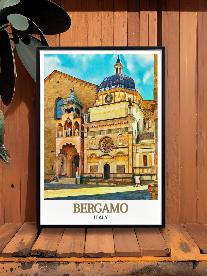 Bergamo travel print featuring Basilica di Santa Maria Maggiore. Highlighting the colorful charm and cultural heritage of this beautiful Italian city. Perfect for modern and traditional decor. High quality materials ensure lasting beauty and vibrancy.