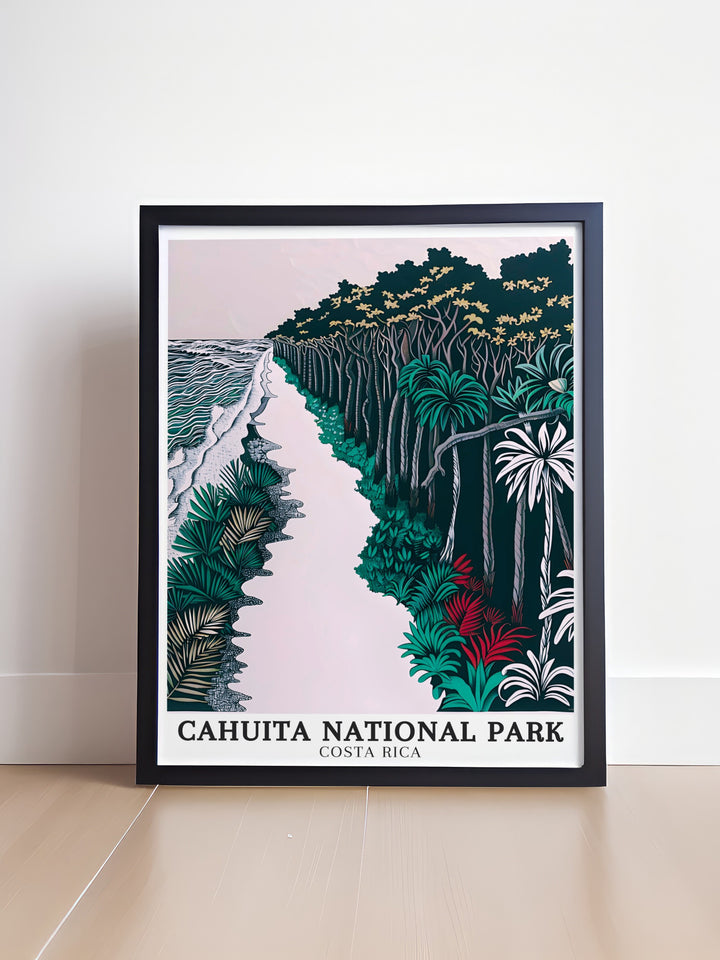 Cahuita Art Print presents the wild beauty of Costa Ricas Cahuita coastline, from its coral reefs to its tropical rainforests. Perfect for nature lovers, this detailed print adds a touch of Costa Rican charm to any room.