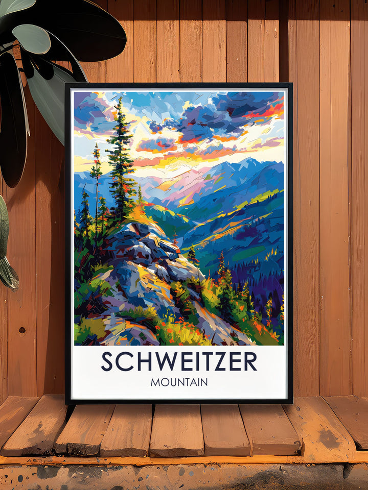 Framed art print of the iconic Schweitzer Mountain summit, capturing the breathtaking panoramic views of Idahos largest lake, Lake Pend Oreille.