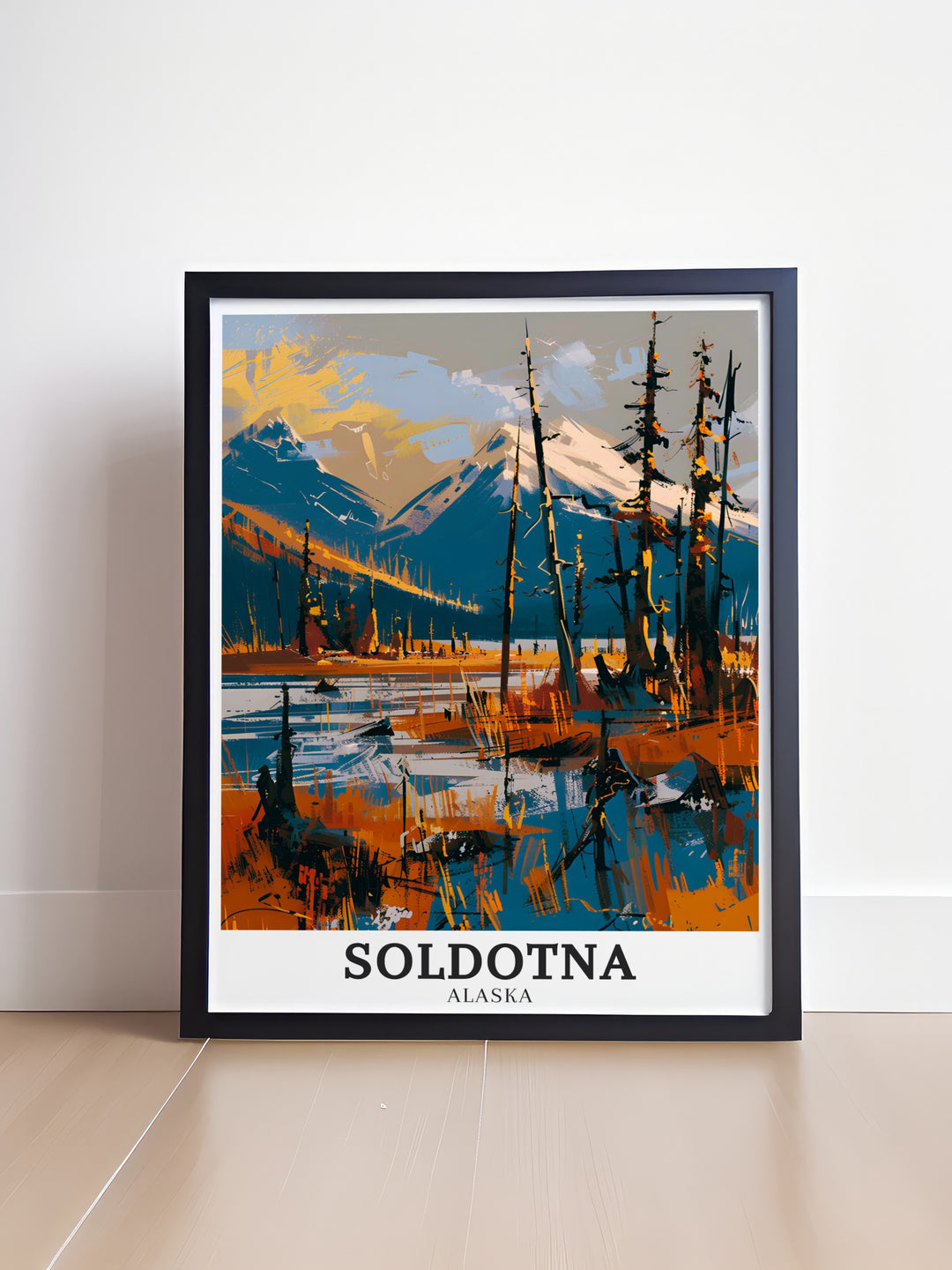 Beautiful Alaska travel art depicting the iconic Kenai Peninsula and the lush boreal forest. The print captures the spirit of Alaskas wilderness and the serene beauty of Soldotna, making it a timeless addition to any decor