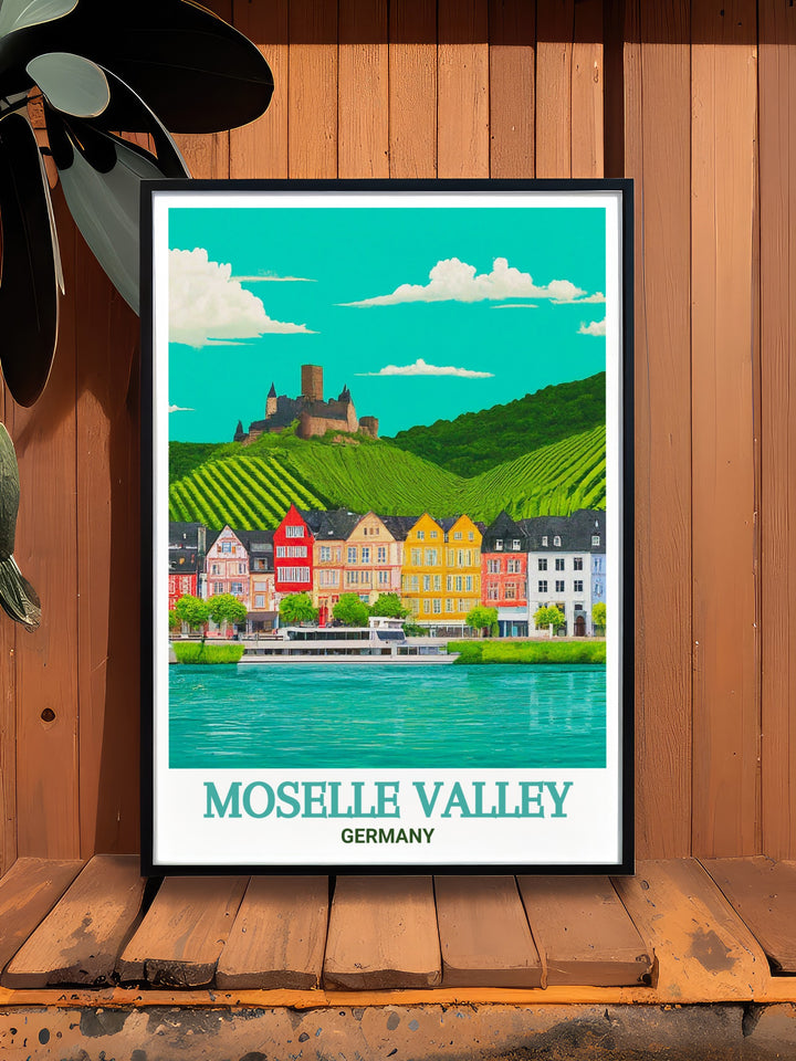 Moselle Valley poster featuring Bernkastel Kues is perfect for Germany travel enthusiasts looking for unique decor. This art print captures the beauty of Germanys wine region with intricate detailing and vibrant colors ideal for home or office decor.