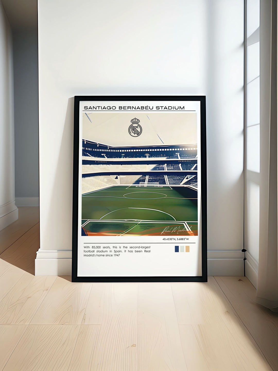 Real Madrid Poster featuring Jude Bellingham in minimalist artwork capturing the Santiago Bernabeu perfect for soccer fans bedroom decor or office wall art