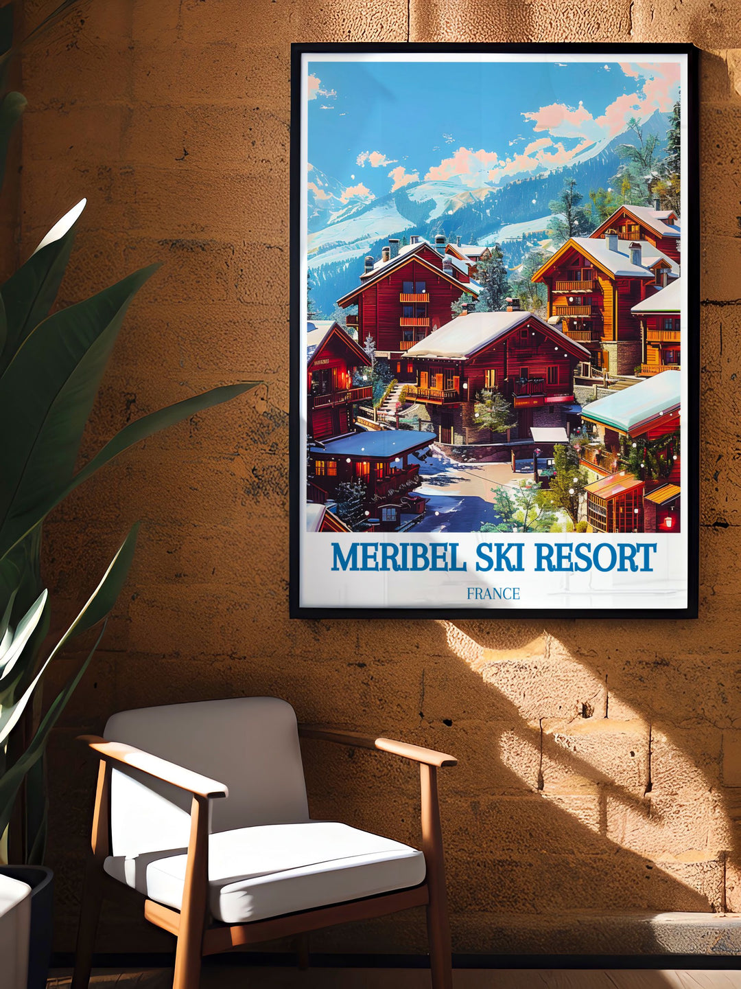 Framed print of Meribel Village, featuring a vintage ski poster design. This eye catching art piece captures the essence of the ski resort and makes an excellent gift for skiers and winter sports fans.