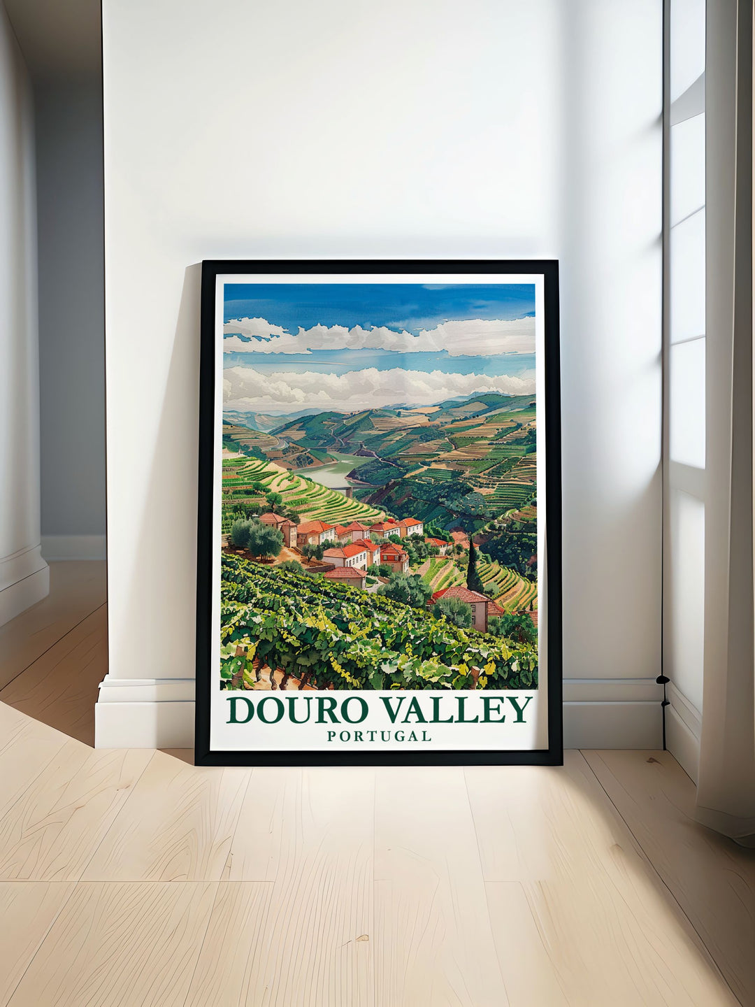 Experience the breathtaking beauty of Portugals Douro Valley with this travel print, featuring lush vineyards and the iconic Douro River. Perfect for anyone who loves Portuguese culture, this canvas art adds a touch of elegance to any room.