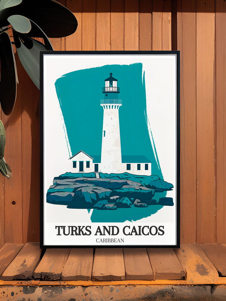 A stunning depiction of the Grand Turk Lighthouse, this travel print highlights the islands maritime history and the charm of Cockburn Town. The artwork is ideal for any home décor, offering a touch of Caribbean culture and beauty.