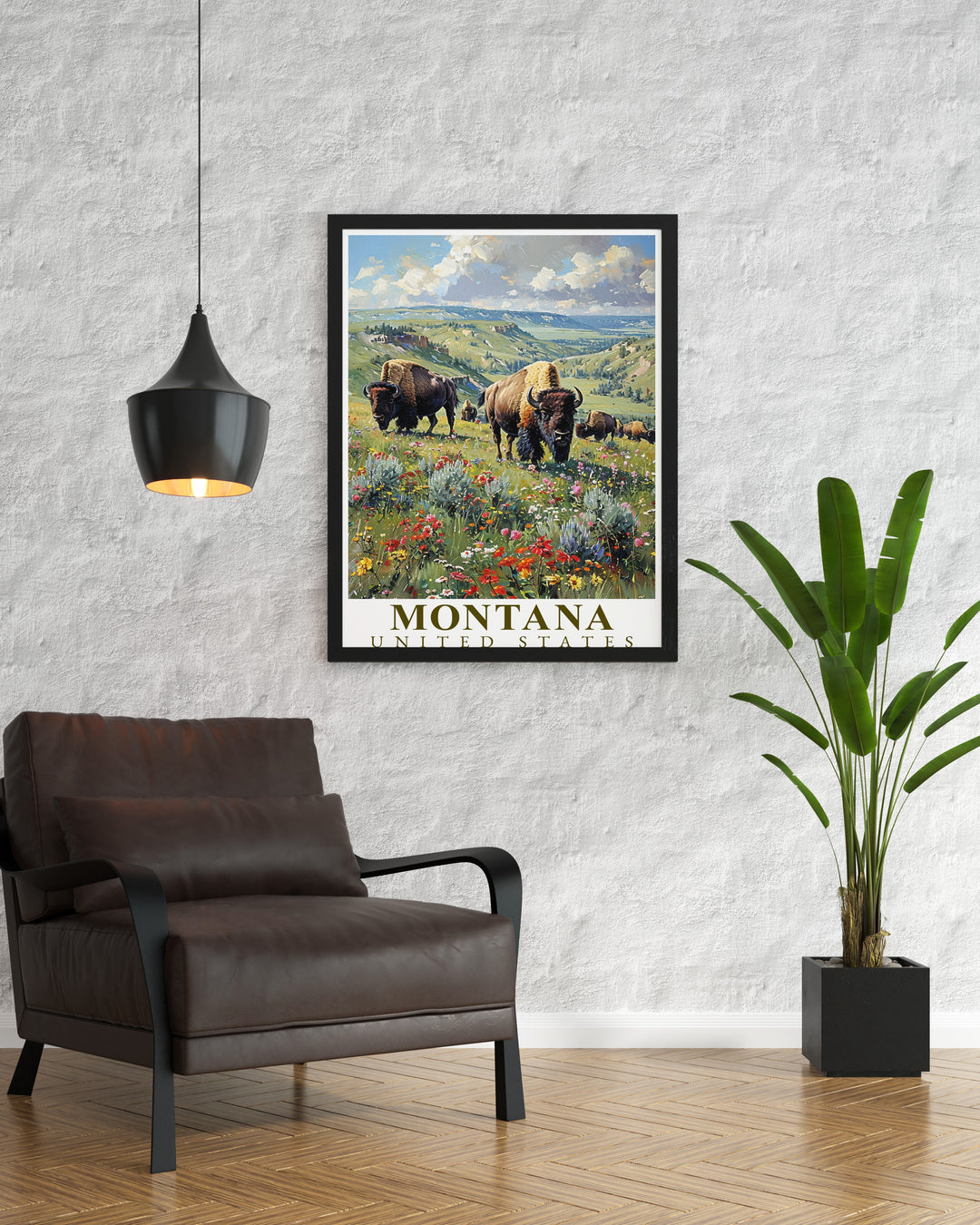 Yellowstone Bison Travel Print brings the awe inspiring landscapes of Montana to life, with a focus on the iconic bison that roam Yellowstone National Park. This wall art is ideal for anyone who loves the American West, adding a sense of adventure to any room.