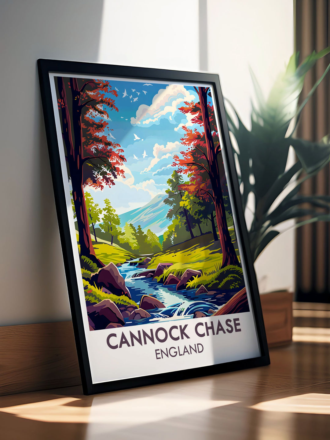 Celebrate the tranquility of Sherbrook Valley with this exquisite piece of Staffordshire art. This print highlights the serene paths and rich biodiversity of Cannock Chase making it an ideal gift for nature lovers and a charming element of English countryside decor.