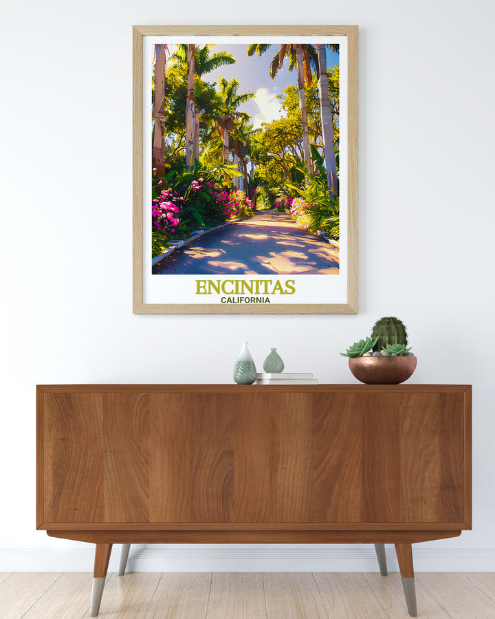 Encinitas poster print captures the coastal beauty of California, featuring the serene beaches and nearby San Diego Botanic Garden. This travel print brings the relaxing atmosphere of Encinitas into your home, making it a perfect gift for nature lovers and beach enthusiasts alike.