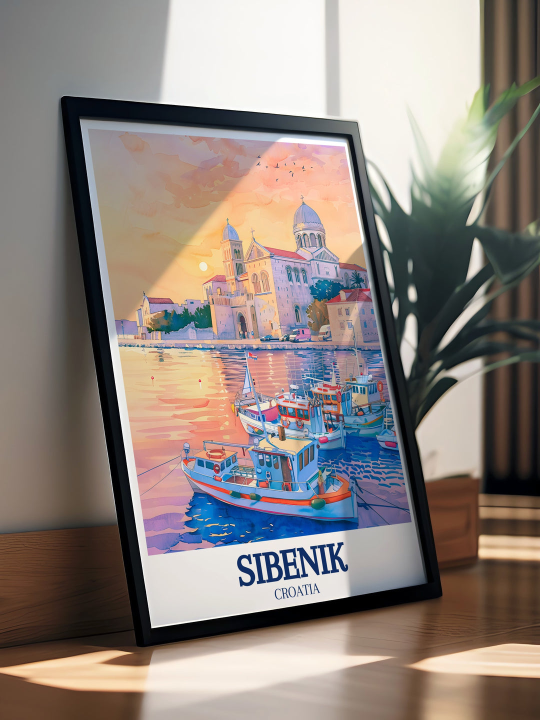 Capture the beauty of Sibeniks St. James Cathedral and harbor with this stunning travel print. Perfect for fans of Croatian art and architecture, this poster offers a detailed and elegant view of Sibeniks iconic landmarks.