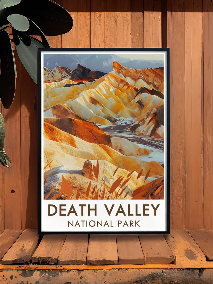 Gallery wall art illustrating the unique landscapes of Death Valley, including the dramatic vistas from Zabriskie Point and the rugged beauty of the desert.