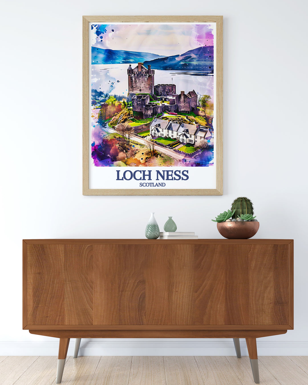 Loch Ness Drumnadrochit art print that captures the essence of Scotlands natural beauty. This stunning wall decor features Loch Ness and the surrounding Scottish Highlands, making it a perfect gift for nature lovers and travel enthusiasts.