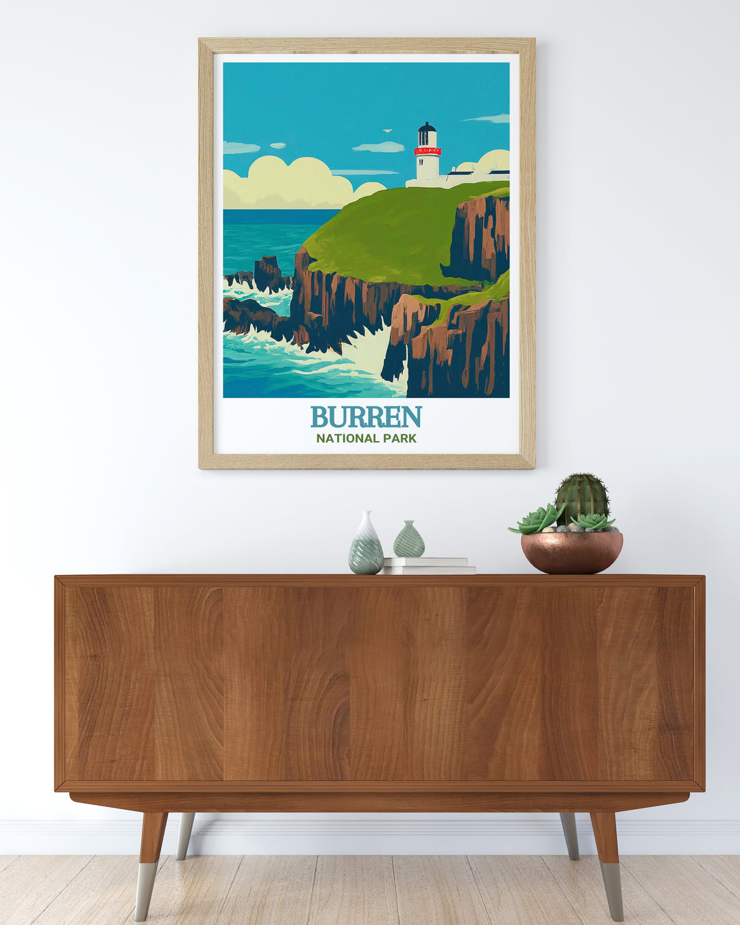 An art print capturing the rugged beauty of Burren National Park in Ireland, showcasing its unique limestone pavements and vibrant wildflowers. This detailed depiction brings the stark yet colorful landscape of the Burren into your home, perfect for nature lovers and fans of Irish scenery.