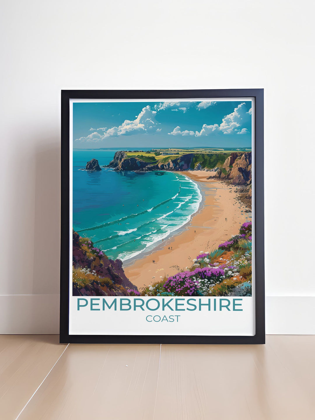 Retro travel poster of Barafundle Bay with an artistic depiction of the idyllic Welsh coastline blending modern artistry with classic design ideal for adding a touch of nostalgia and elegance to your home decor.