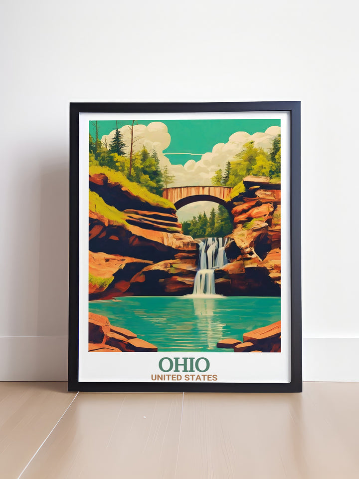 Ohio landscape poster highlighting the states diverse landmarks, including the Cincinnati Zoo and the bustling city of Cincinnati. This travel print offers a blend of nature and urban beauty, capturing the essence of Ohio in a single artwork. Available in digital or framed format, perfect for home décor or gifts.