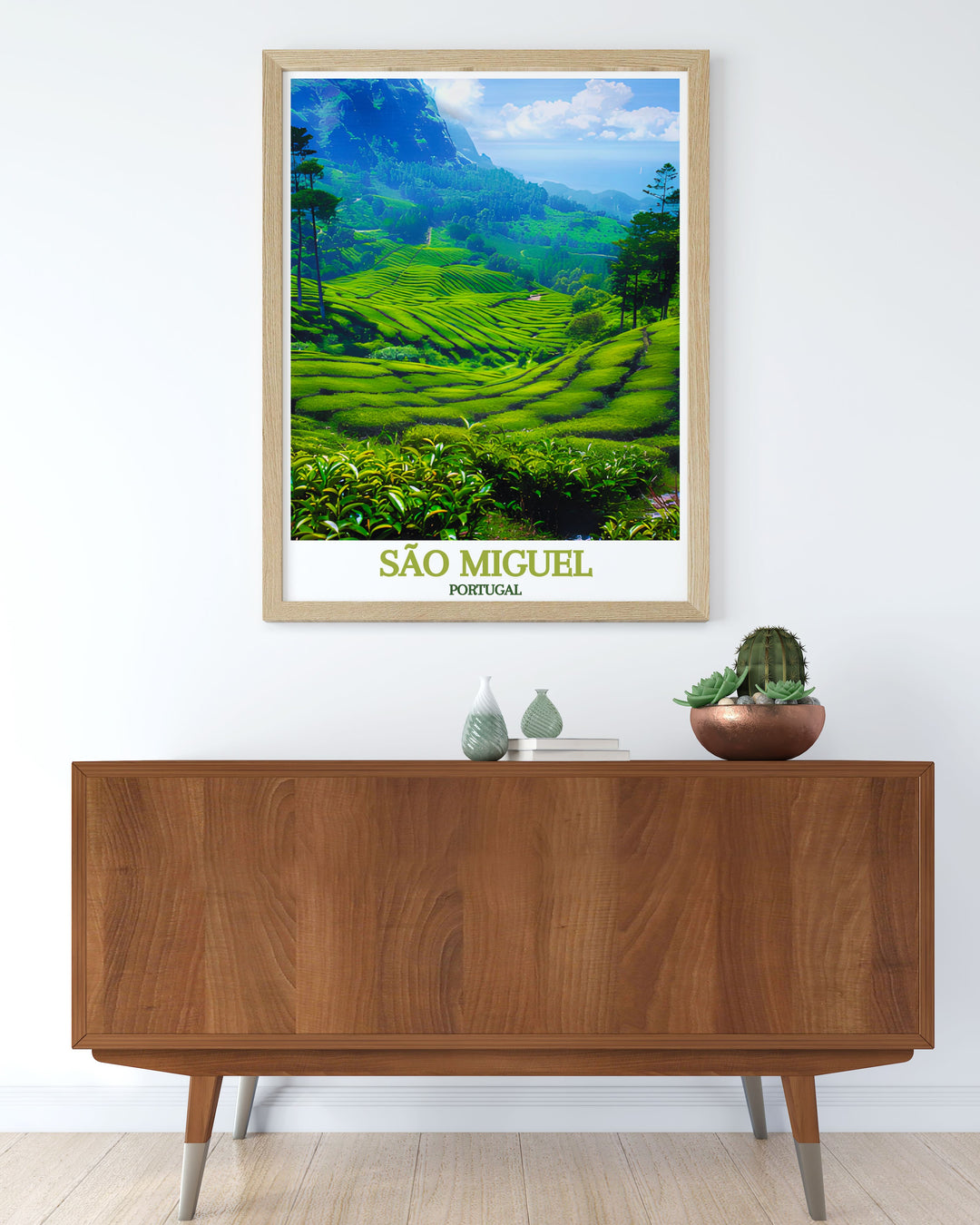 A vibrant travel poster featuring São Miguels lush tea plantations, ideal for those who appreciate the unique combination of natural beauty and cultural heritage in their decor.