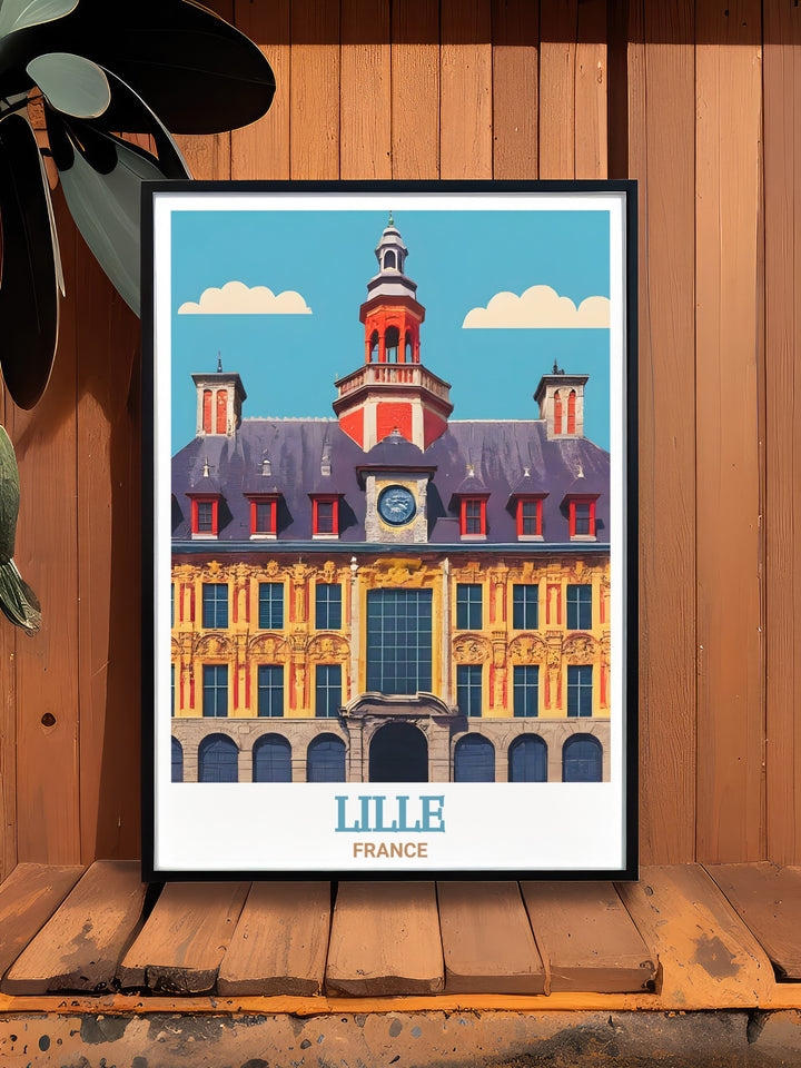 Old Stock Exchange travel print, capturing the architectural elegance of this French landmark in Lille. The artwork beautifully showcases the buildings intricate design, making it a must have for anyone who appreciates French culture and European art.