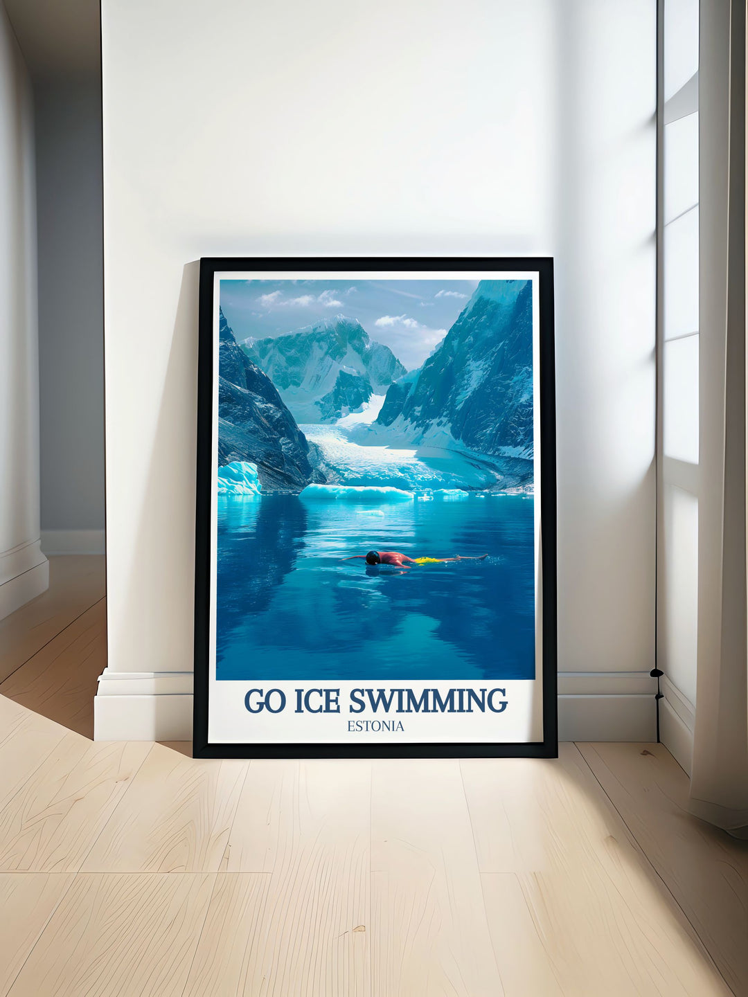 Vintage poster illustrating the grandeur of the Ross Ice Shelf, celebrating the timeless beauty and adventure of ice swimming in Antarcticas icy waters.
