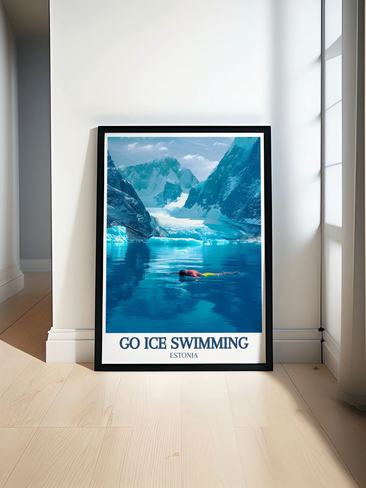 For lovers of outdoor sports, this Go Ice Swimming Poster offers a glimpse into the world of ice swimming in Antarctica. Whether youve experienced it firsthand or dream of it, this art print brings the adventure into your home.