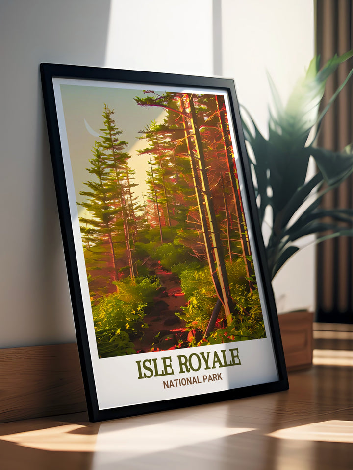 Beautiful Isle Royale print from Greenstone Ridge Trail offering a unique piece of national park decor ideal for those who love national parks and want to bring a piece of the wilderness into their home.