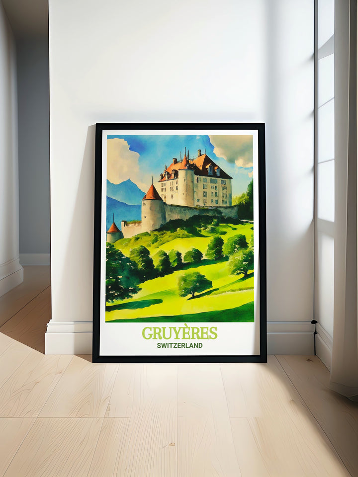 Gruyeres Castle travel poster featuring an artistic illustration of the medieval castle and the picturesque Swiss countryside. Perfect for home decor, this Gruyeres art print adds a touch of elegance and Swiss charm to any living space.